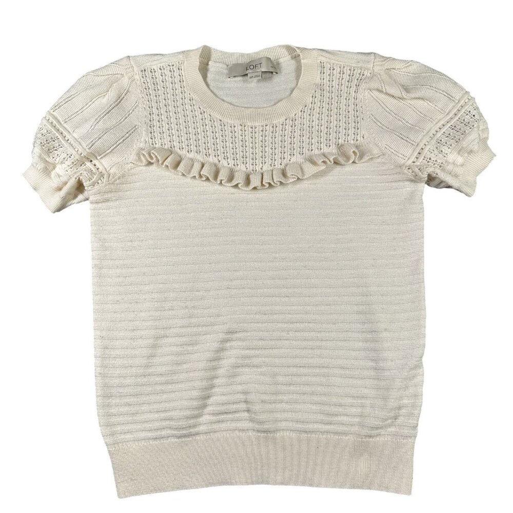 LOFT Sweater Womens XS Petite Cream Short Sleeve Ruffle Knit Pullover Round Neck